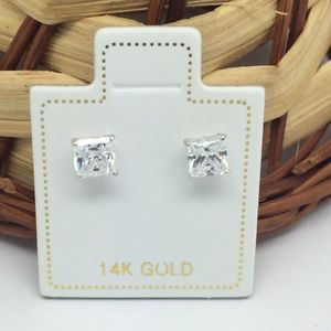 14K White Gold Princess Cut CZ Stud Earrings 4mm