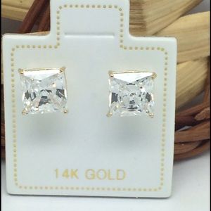 14K Yellow Gold Princess Cut CZ Stud Earrings 6mm