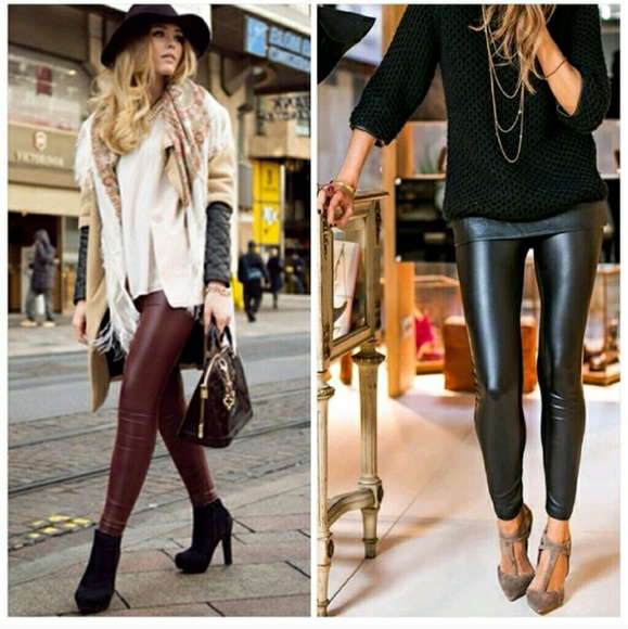 Black pair on hold, wine faux leather leggings
