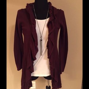 Burgundy ruffled long cardigan