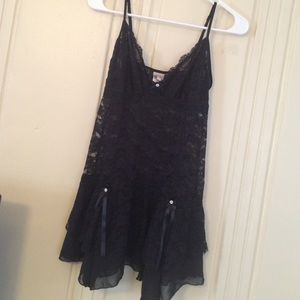 Black lace sheer babydoll with pearls details