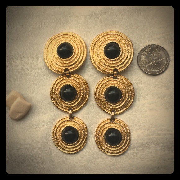 Caché Gold and Black Disc Earrings.