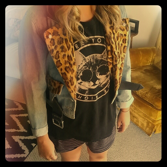 VINTAGE Denim leopard Moto jacket