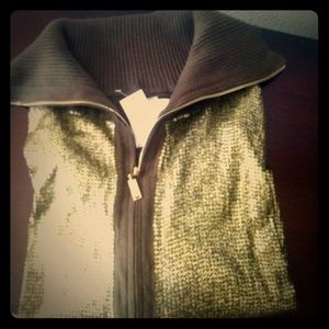 Olive green w/burnished gold sequins zip up cardie