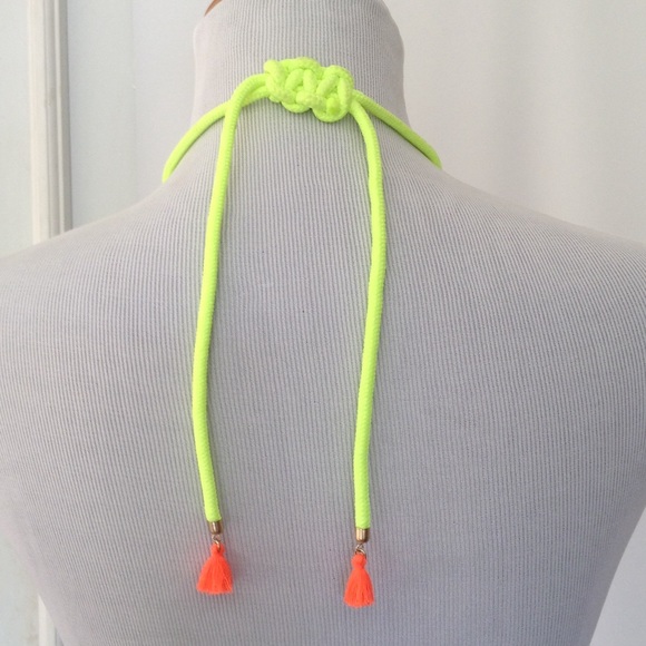 Neon Yellow Orange cord with Faux pearls necklace - Picture 3 of 4