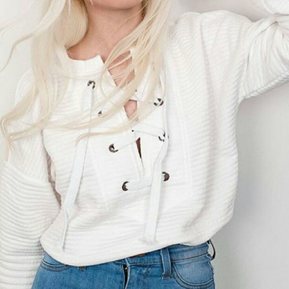 White lace-up sweater