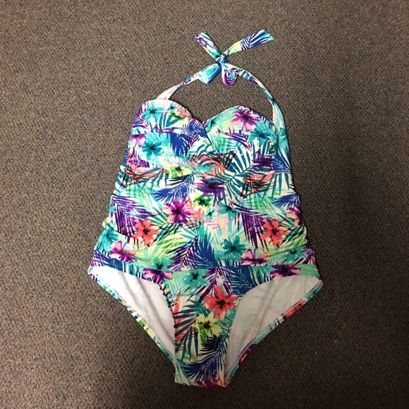 Tropical one piece halter top swimsuit