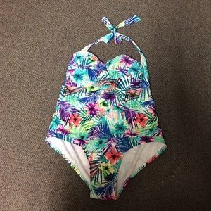 Tropical one piece halter top swimsuit