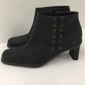 Size 6 1/2 black leather booties with medium heel