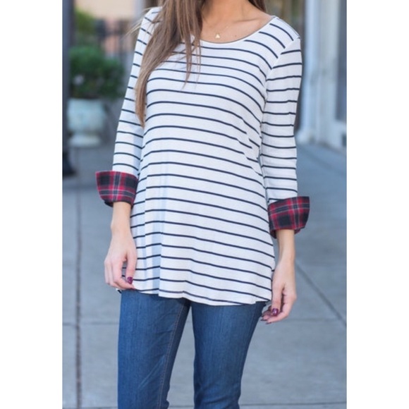 ❗️CLEARANCE❗️Stripe Plaid Cuff Tunic Top S M L XL - Picture 2 of 2