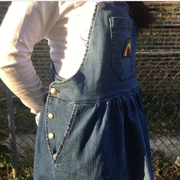 Rainbow patch overall dress vintage lazyoaf vibes. - Picture 2 of 7