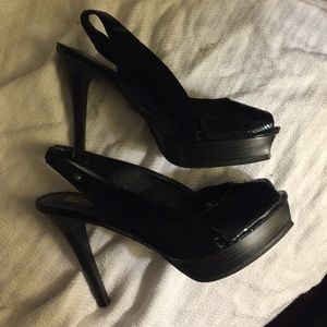 Sling back peep toe black heels