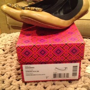 Sand/black flats with elastic. Very comfortable.