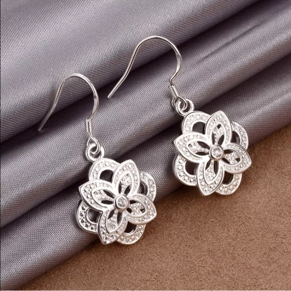 Flower Dangle Hook Earrings .925 Sterling Silver - Picture 2 of 2