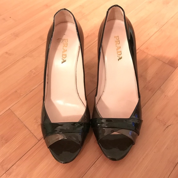 Prada Vernice Metal peep toe pump