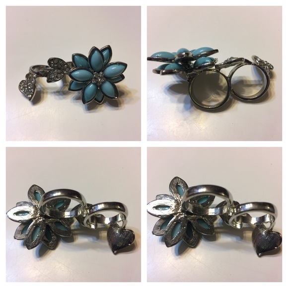 Flowery Doubled finger Rings/heart Rhinestones