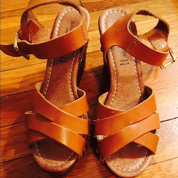 Brown leather wedge sandals, size 6.