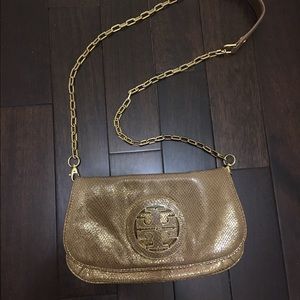 Tory Burch gold textured snake skin crossbody
