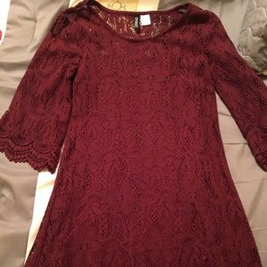 Maroon lace dress with slip underneath.