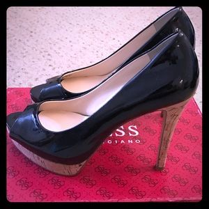 Beautiful open toe patent black heels