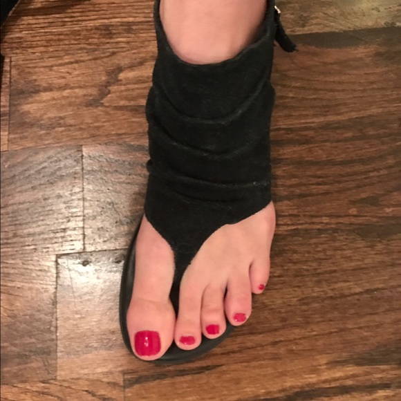 Black faux suede sandals