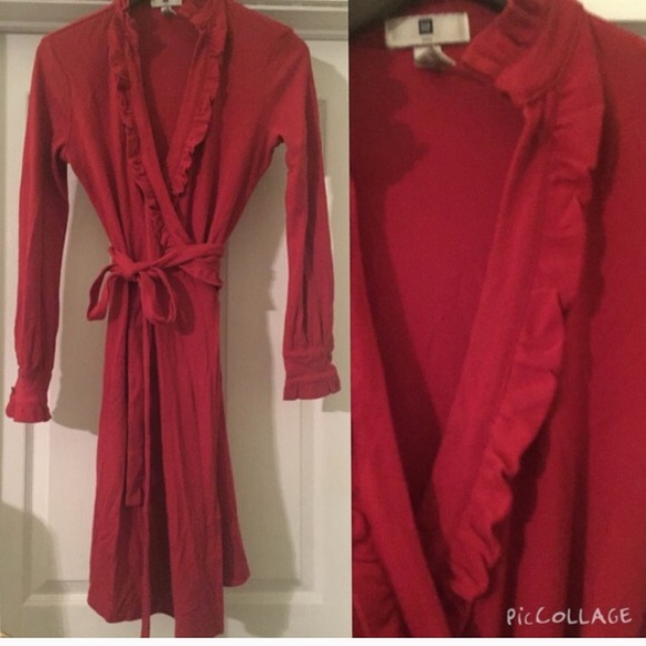 Red long sleeve wool blend with ruffle detail