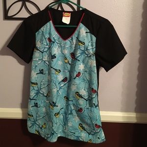 Winter bird scene scrub top