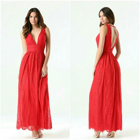 Bebe Women's Red Lace Plunge Neck Maxi Dress