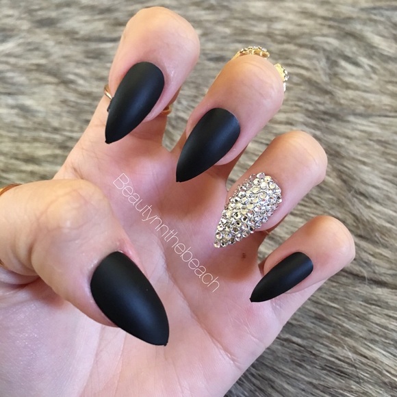 Accessories, Matte Black Stiletto With Rhinestone Nails