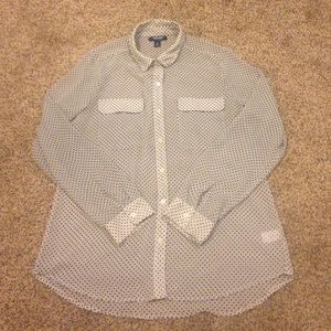 Grey, sheer, patterned, button-up blouse.