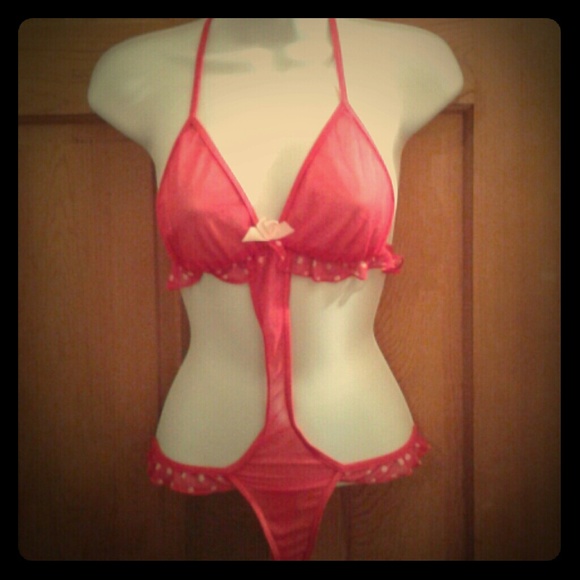Vintage Style Pinup Lingerie, Red Sheer Polka Dots - Picture 1 of 4