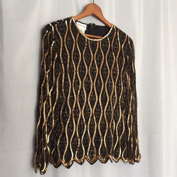 Vintage Gold Sequin Top Black Silk Shirt Small