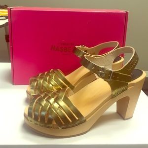 Gold Swedish Hasbeens braided sky high sandals