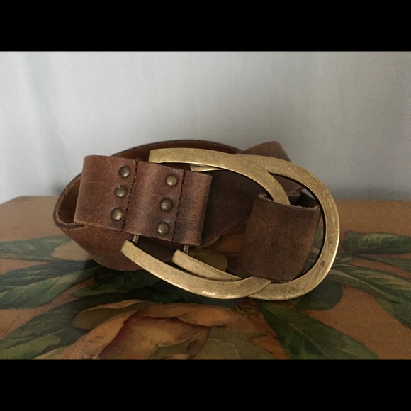 Vintage Belt Brown Leather Brassy Gold Buckle
