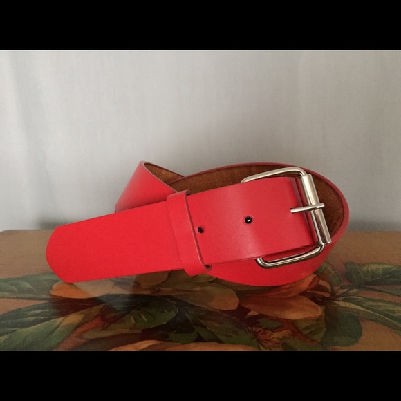 Red Leather Belt Vintage With Silver Buckle