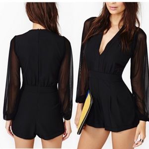 Long-Sleeved Black V-Neck Romper