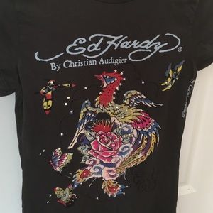 Ed Hardy dark gray t-shirt with colorful design.