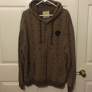Brown tan and blue plaid Polo zipper front hoodie