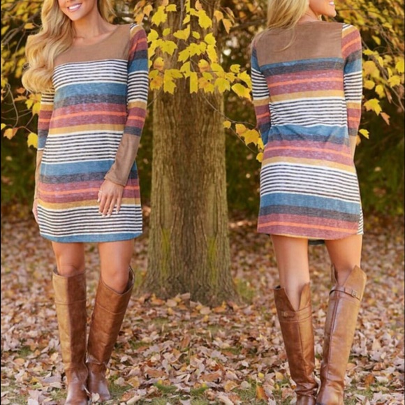 🆕THALIA multicolor striped dress w/ suede - CAMEL - Picture 2 of 4