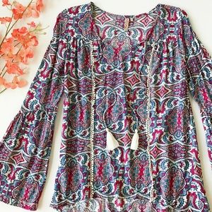 Paisley Bell Sleeve Tassel Blouse