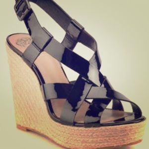 Vince Camuto black patent leather wedge heel