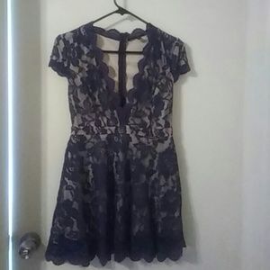 Blue lace and beige deep v neck dress