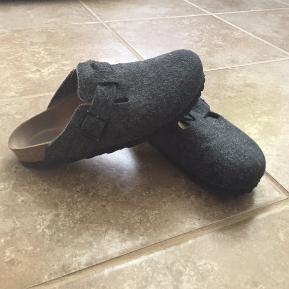Grey Birkenstock slip-on clogs.