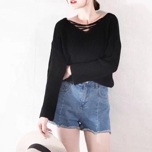 🍁FALL🍁Lace up sweater top (Black) - Picture 2 of 5