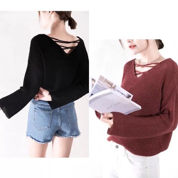 🍁FALL🍁Lace up sweater top (Black) - Picture 4 of 5