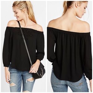 Express Tops - Express Crocheted Lace Off Shoulder Top