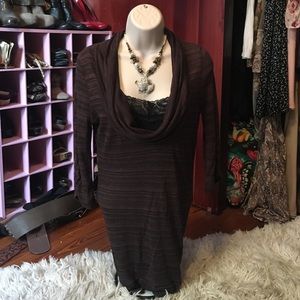 Brown and black cowl neck shirt with lace insert