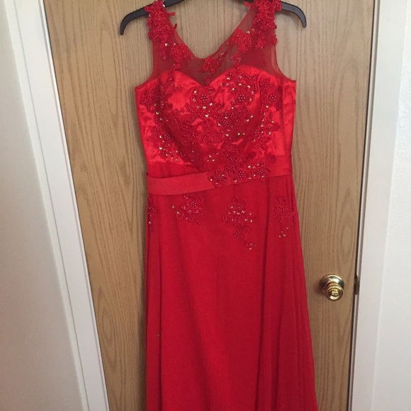 Long Ruby Red Embroidered Formal Dress