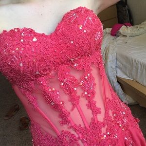 RED ALYCE PARIS STRAPLESS SEE THROUGH PROM DRESS