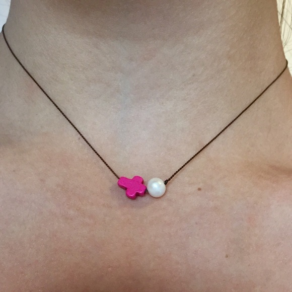 Pearl & pink cross necklace
